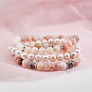 Pink Opal, Crystal & Pearl Stretch Bracelet Set of 3, Fast Shipping